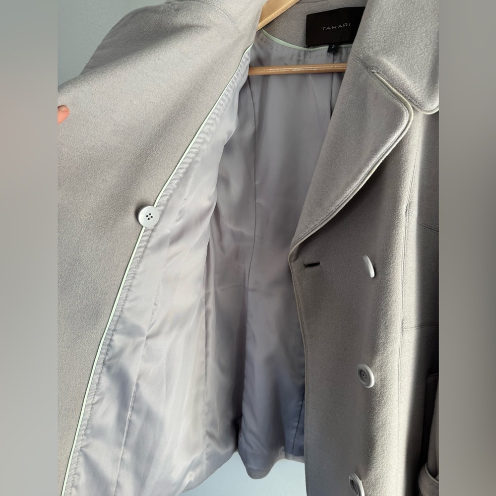 Wool Peacoat Double Breasted Taupe Gray Minimalist Coat – Tahari - Picture 8 of 10